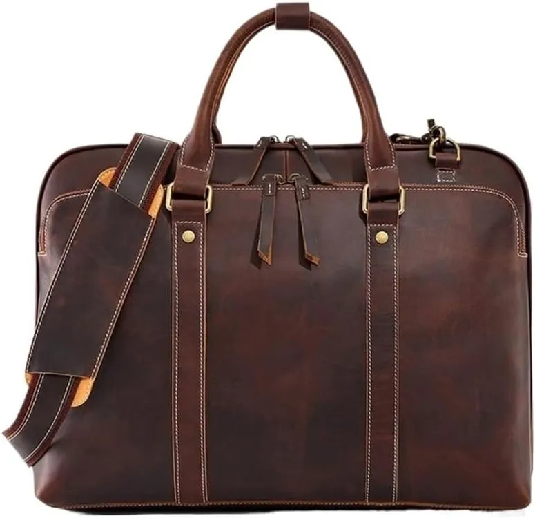15 Inch Vintage Leather Briefcase Waterproof Men's Business Travel Messenger Bag Vacation Work Pockets Shoulder Bag
