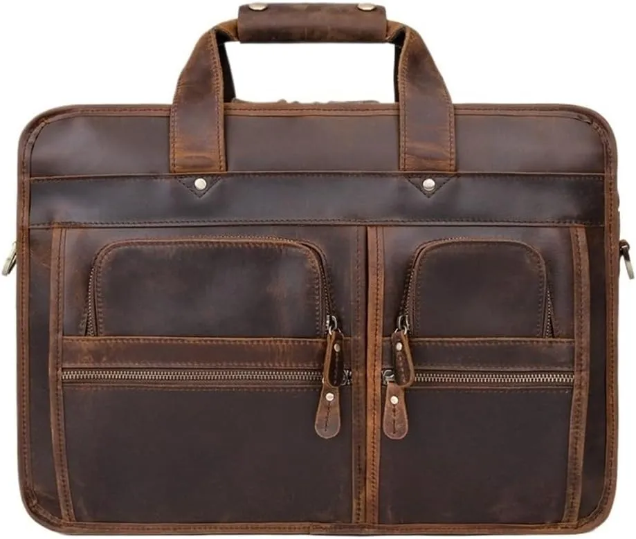 17 Inch Leather Messenger Bag for Business Travel Men Waterproof Vintage Briefcase Vacation Work Ergonomic Strap