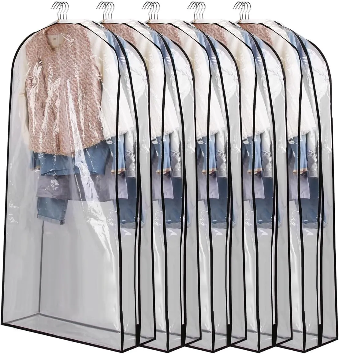 60 in. Garment Bag for Hanging Clothes Dustproof Waterproof Storage Bag Clear Transparent Suits Cover & Sweater Jacket Coat Dress Black - Large - Pack of 5 - Unisex