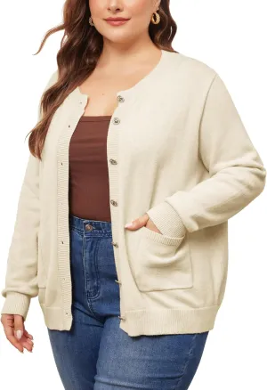 Agnes Orinda Cardigan Sweaters for Women Plus Size Long Sleeve Button Down Crew Neck Classic Sweater Knit Cardigans