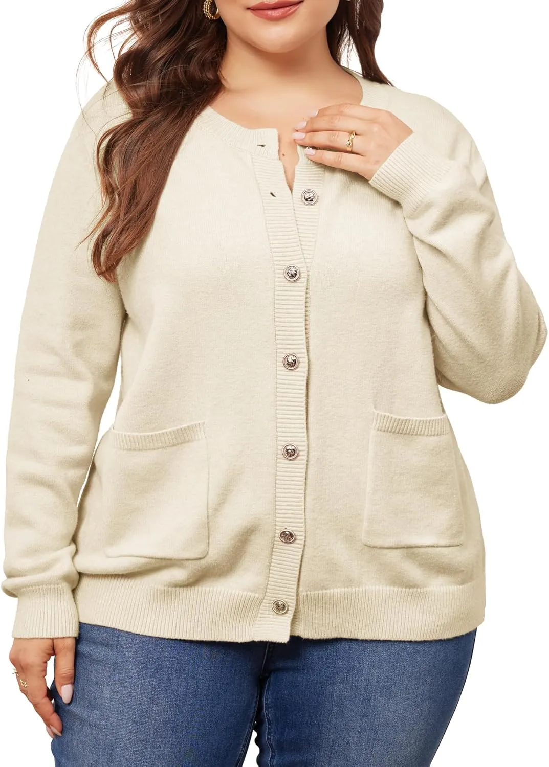 Agnes Orinda Cardigan Sweaters for Women Plus Size Long Sleeve Button Down Crew Neck Classic Sweater Knit Cardigans