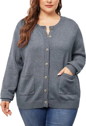 Agnes Orinda Cardigan Sweaters for Women Plus Size Long Sleeve Button Down Crew Neck Classic Sweater Knit Cardigans