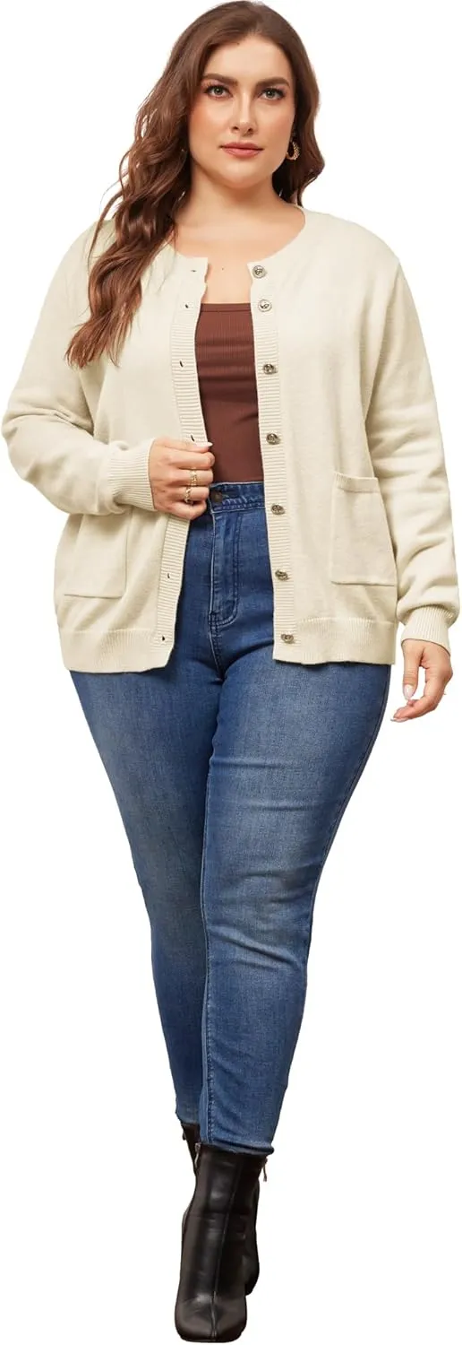Agnes Orinda Cardigan Sweaters for Women Plus Size Long Sleeve Button Down Crew Neck Classic Sweater Knit Cardigans