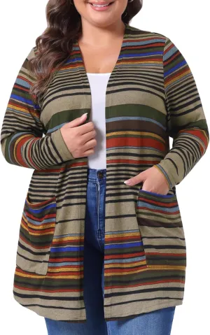 Agnes Orinda Plus Size Cardigan for Women Open Front Long Sleeve Contrast Color Stripe with Pocket Cardigans