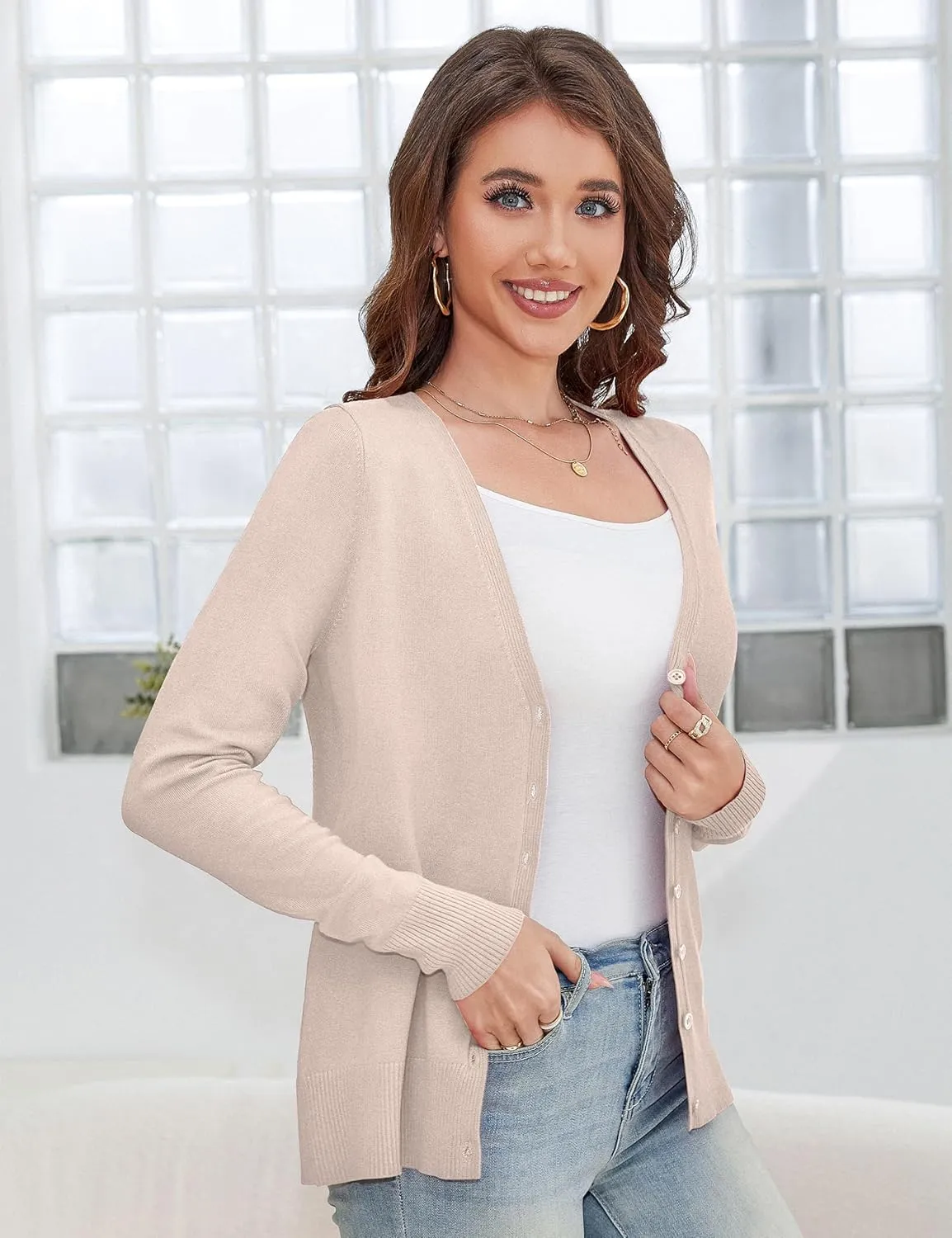 a.Jesdani Women's Button Down V Neck Long Sleeve Soft Cardigan Sweaters