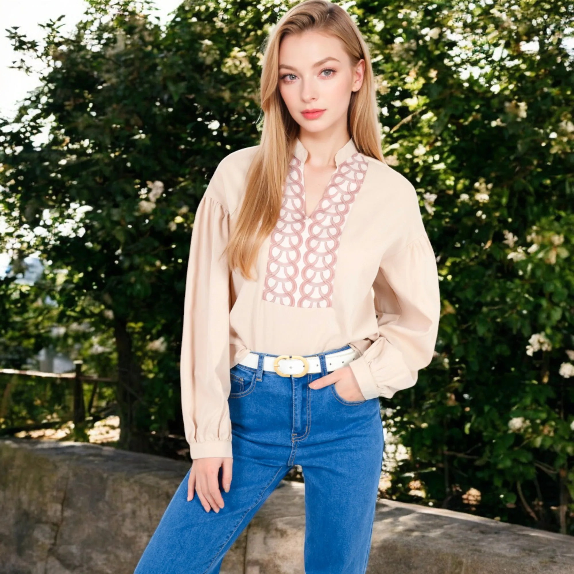 Anna-Kaci Women's Long Sleeve Blouse with Embroidered Front Detail and Stand Collar