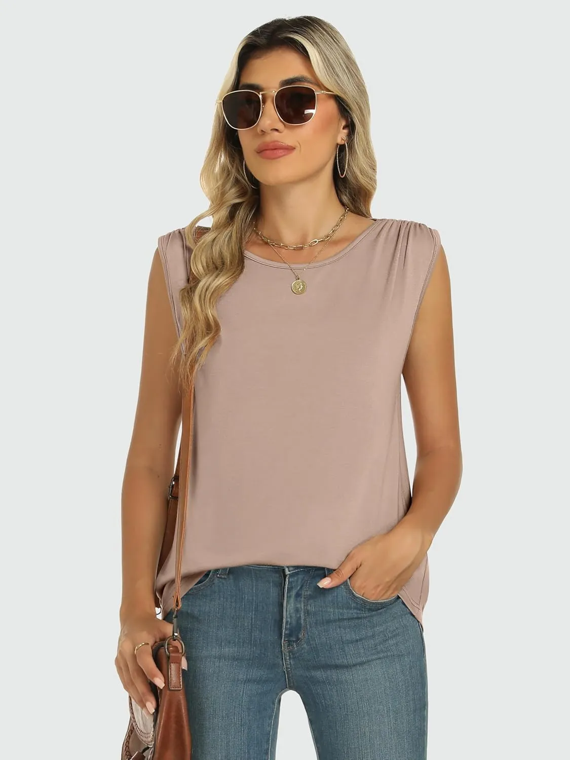 ANRABESS Womens Tank Top Crew Neck Ruched Sleeveless Basic Tanks Casual Summer Tops