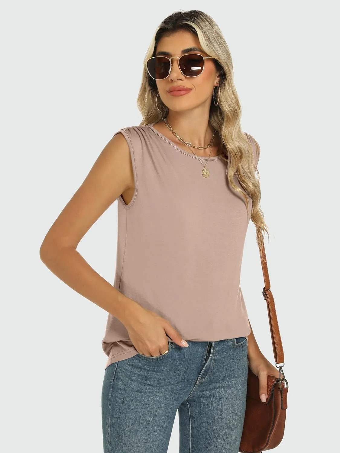 ANRABESS Womens Tank Top Crew Neck Ruched Sleeveless Basic Tanks Casual Summer Tops