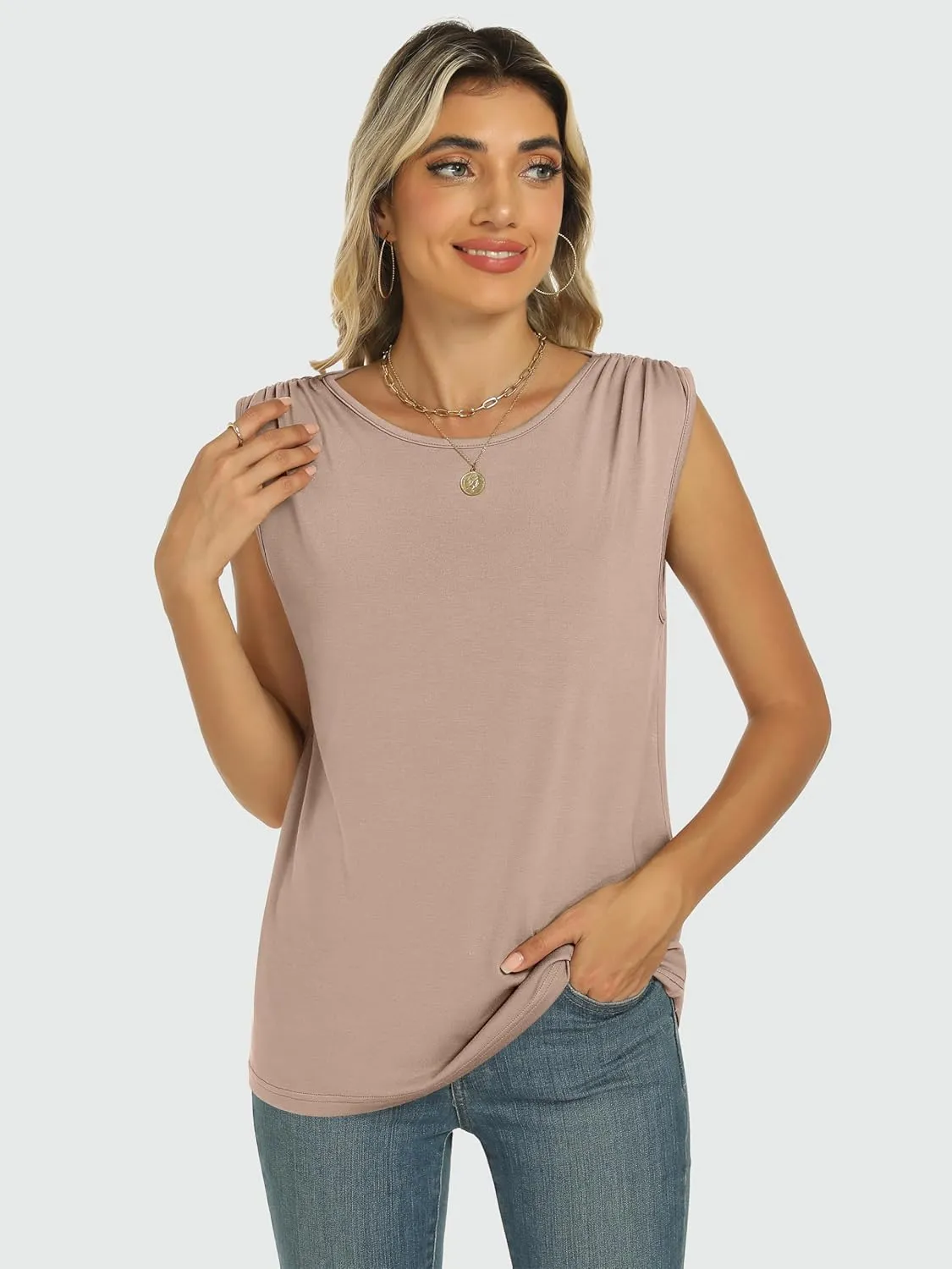 ANRABESS Womens Tank Top Crew Neck Ruched Sleeveless Basic Tanks Casual Summer Tops