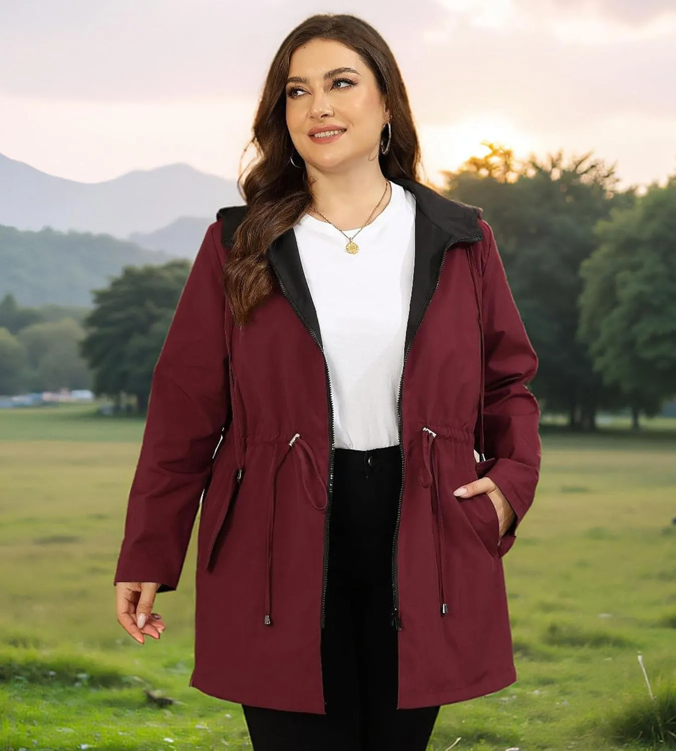 AOVDE Women's Rain Jacket Plus Size: Waterproof Raincoat Reversible Lightweight Windbreaker Jackets with Hooded