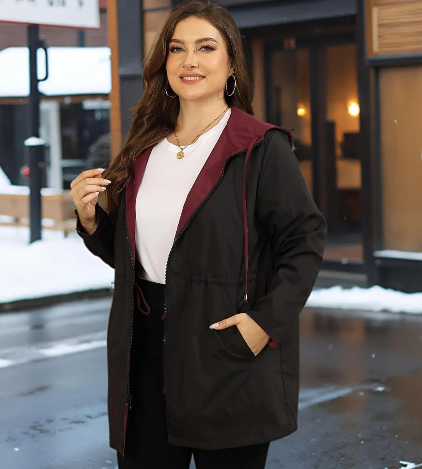 AOVDE Women's Rain Jacket Plus Size: Waterproof Raincoat Reversible Lightweight Windbreaker Jackets with Hooded