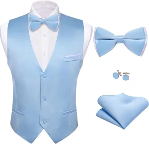 Barry.Wang Mens Suit Vest Bow Tie Set 4PCS Formal V-neck Slim Fit Casual Solid Color Waistcoat Wedding Party Tuxedo