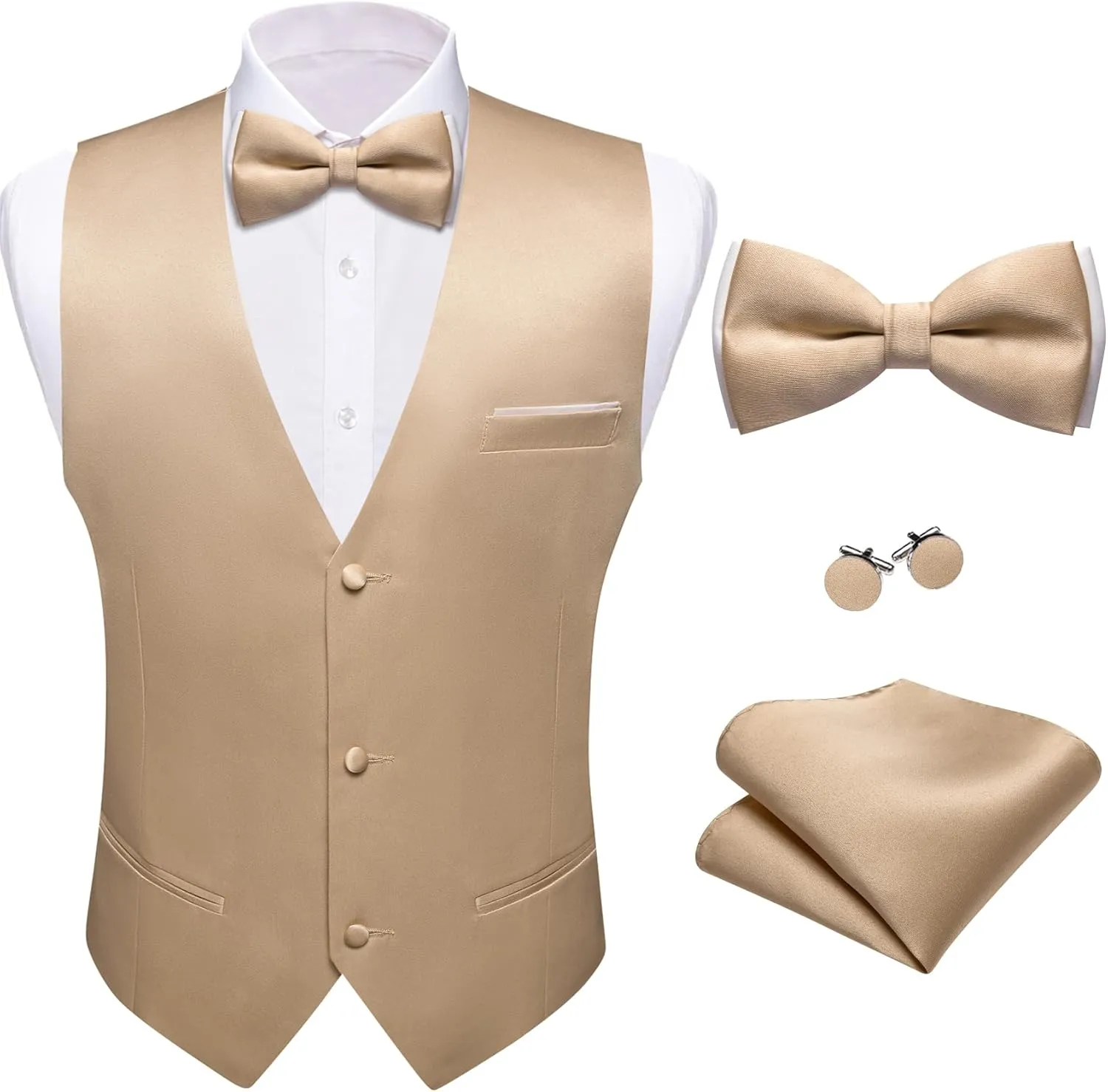 Barry.Wang Mens Suit Vest Bow Tie Set 4PCS Formal V-neck Slim Fit Casual Solid Color Waistcoat Wedding Party Tuxedo