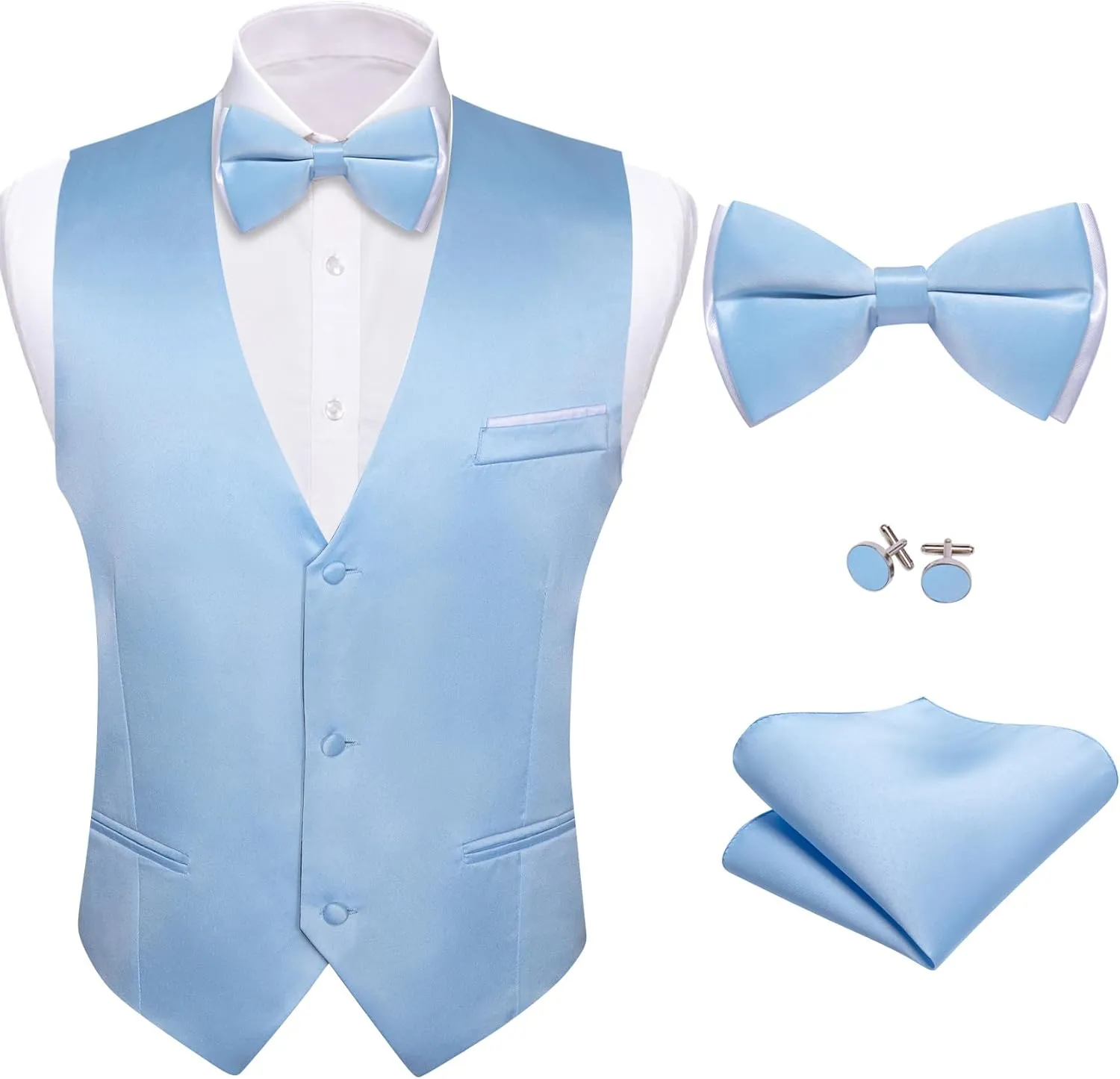 Barry.Wang Mens Suit Vest Bow Tie Set 4PCS Formal V-neck Slim Fit Casual Solid Color Waistcoat Wedding Party Tuxedo