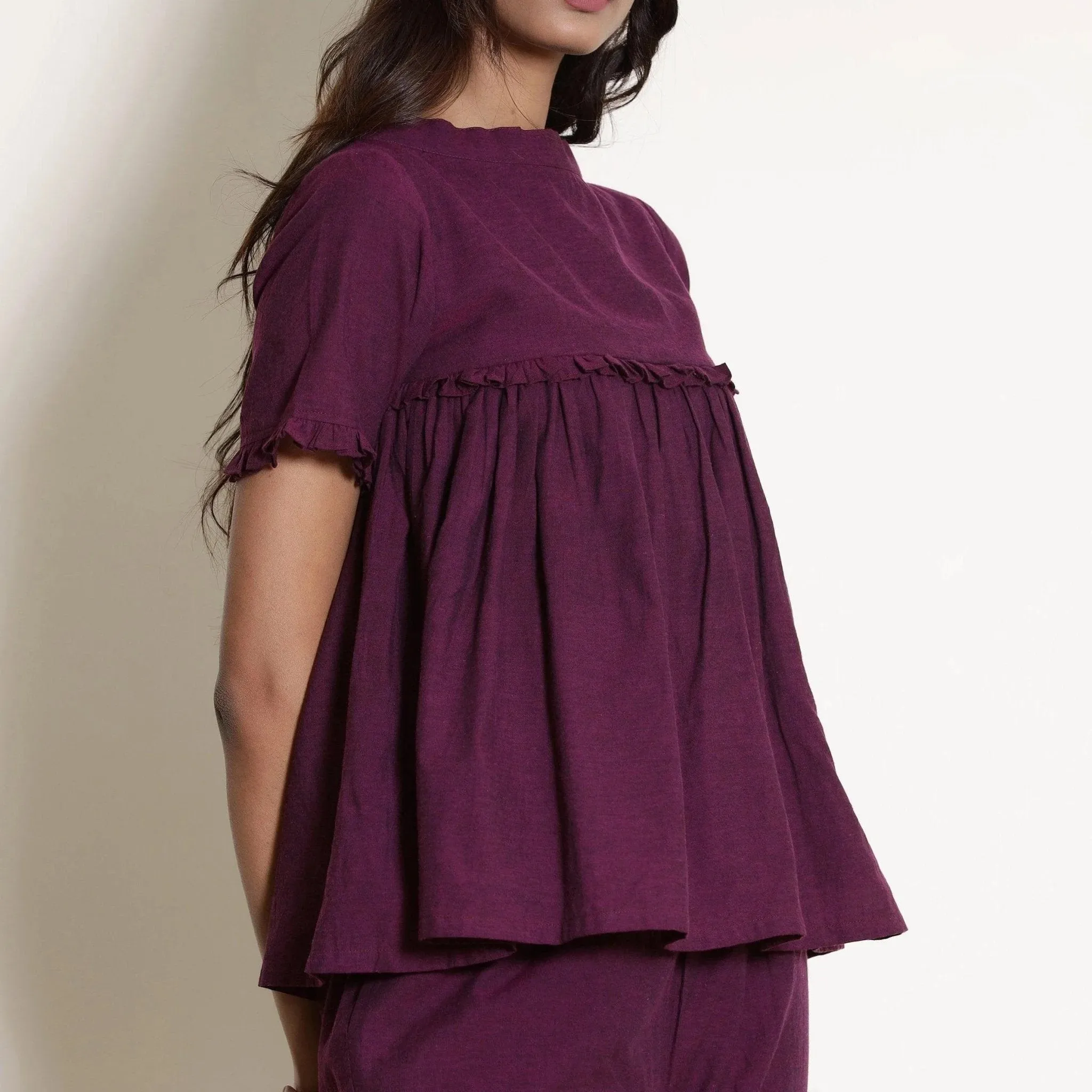 Berry Wine Warm Cotton Frilled Gathered Top