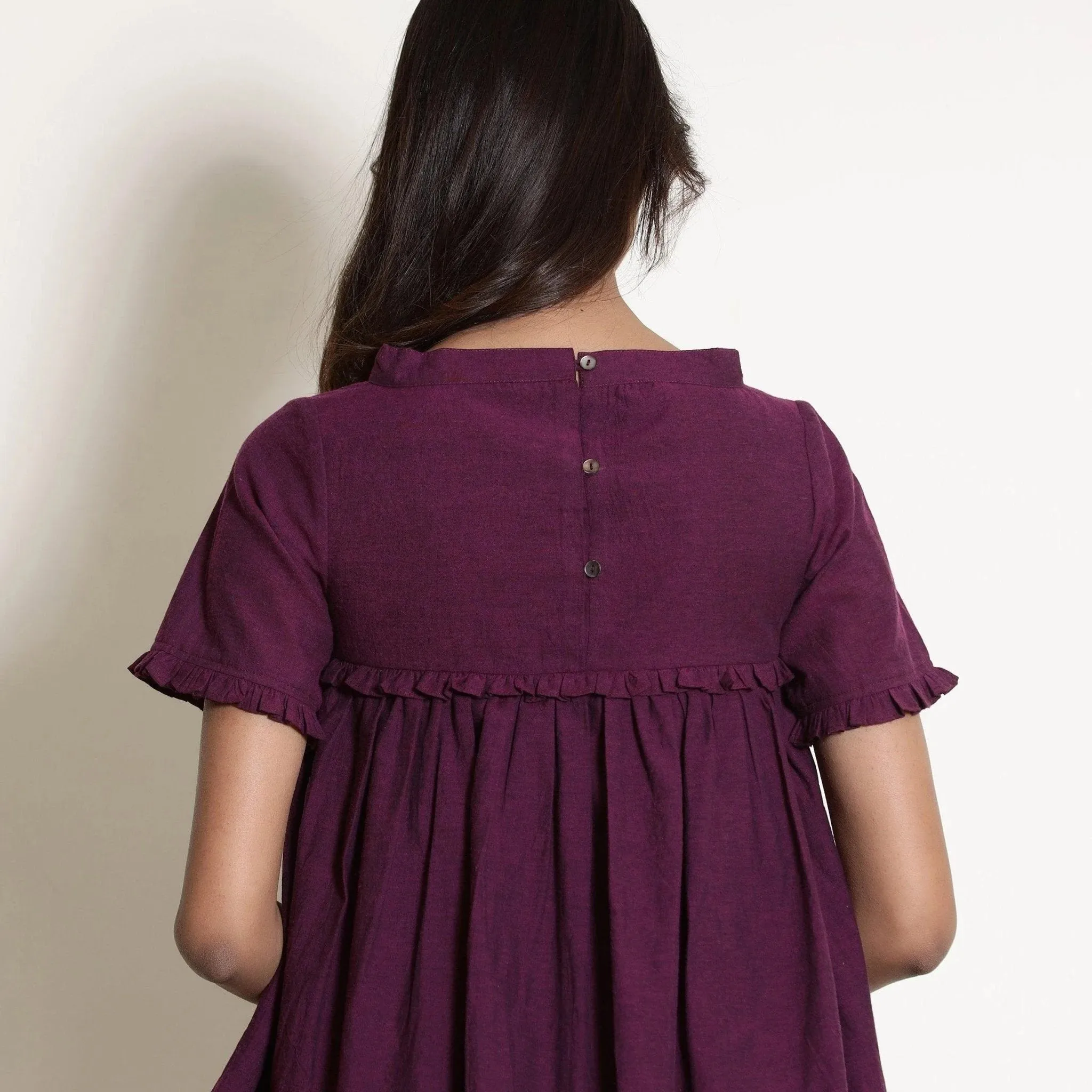 Berry Wine Warm Cotton Frilled Gathered Top