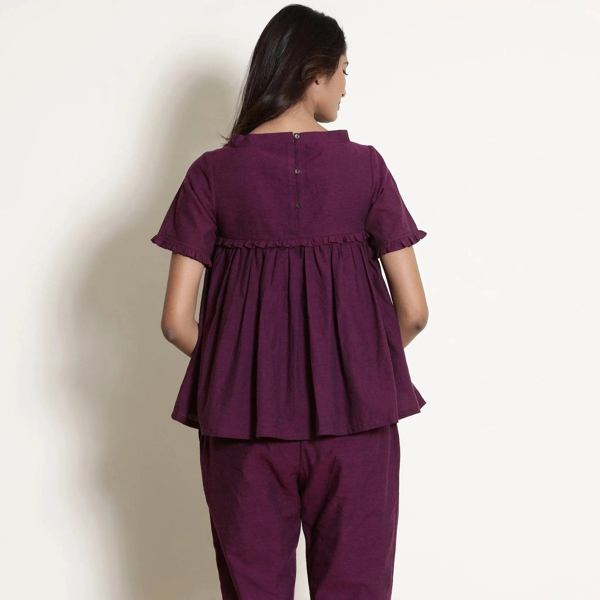Berry Wine Warm Cotton Frilled Gathered Top