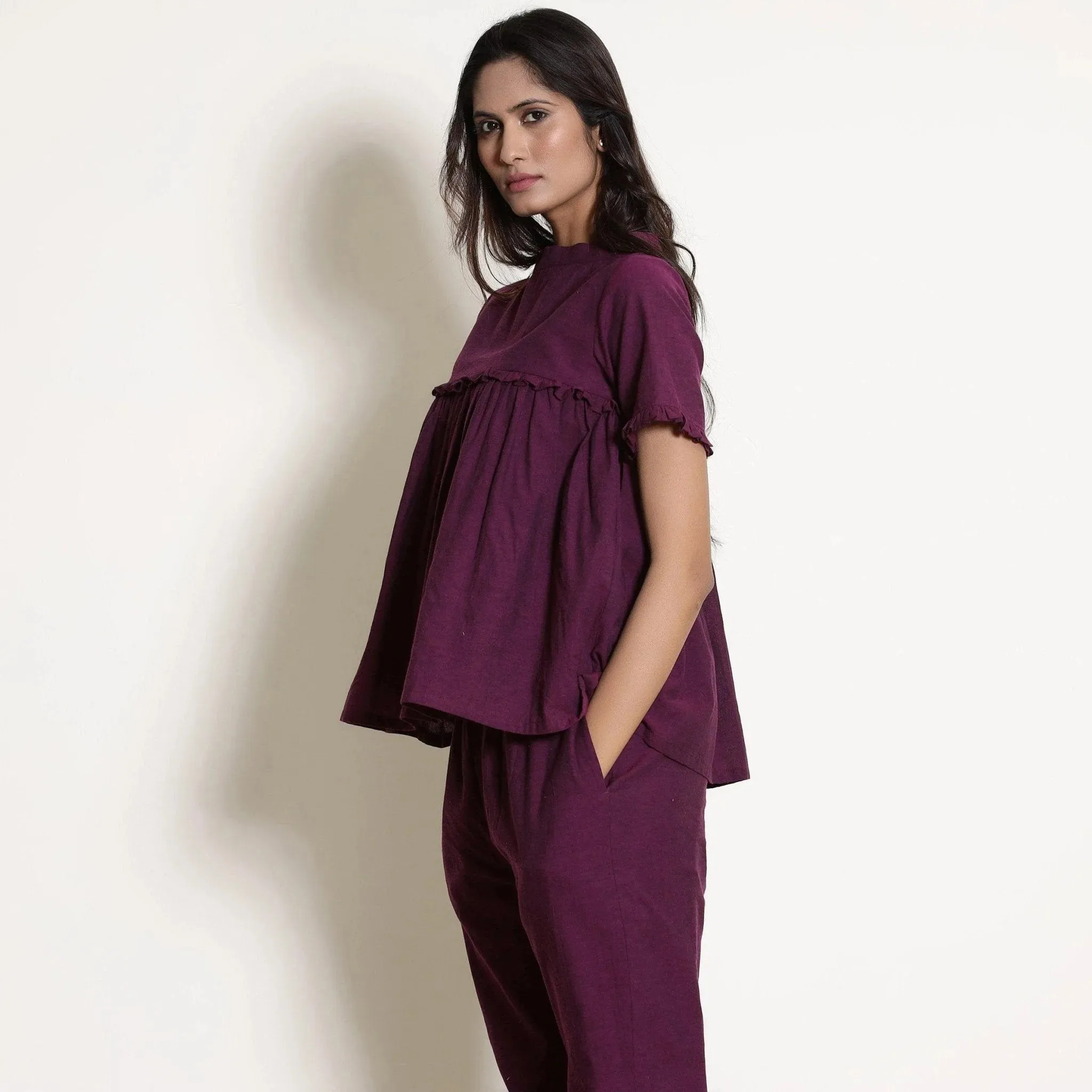 Berry Wine Warm Cotton Frilled Gathered Top