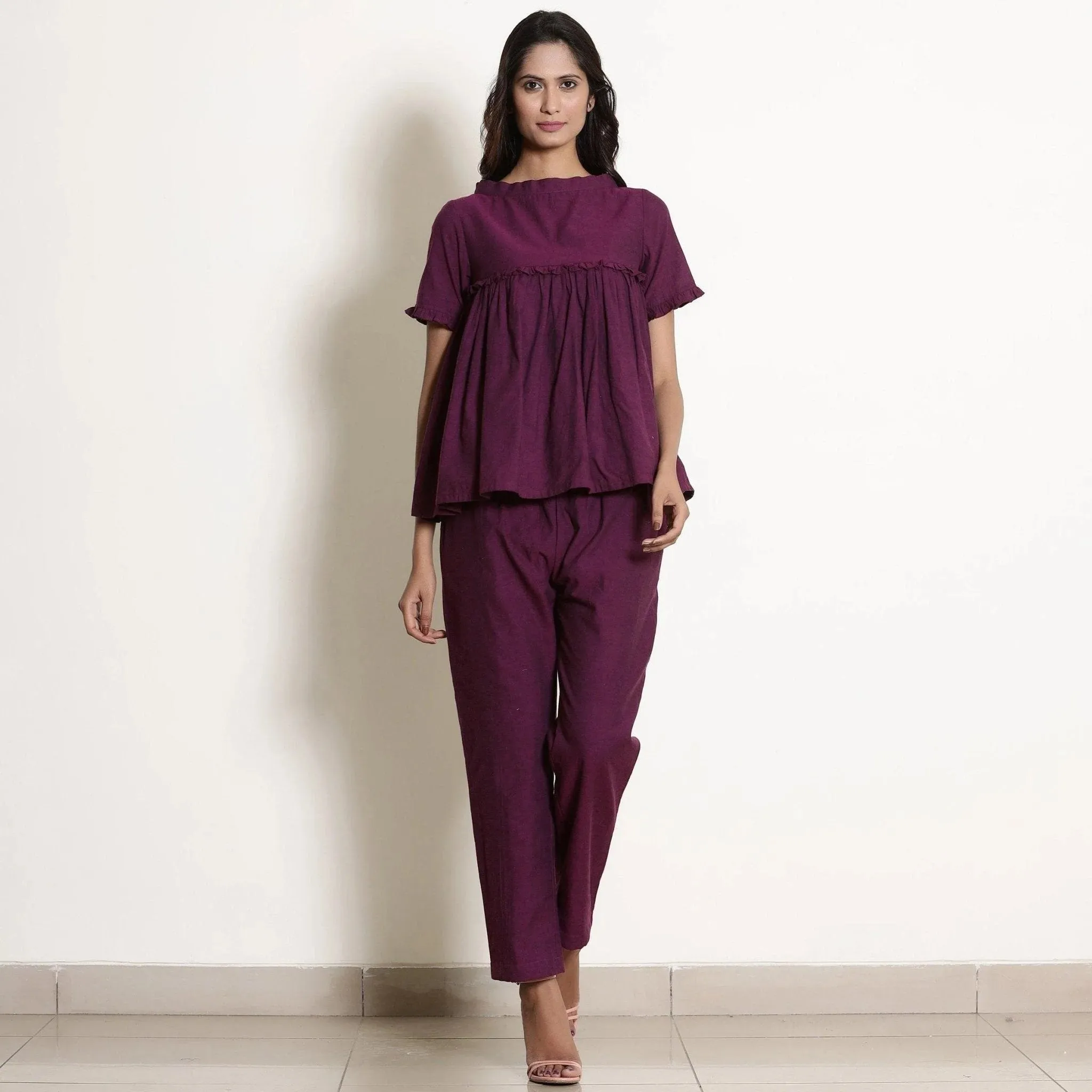 Berry Wine Warm Cotton Frilled Gathered Top