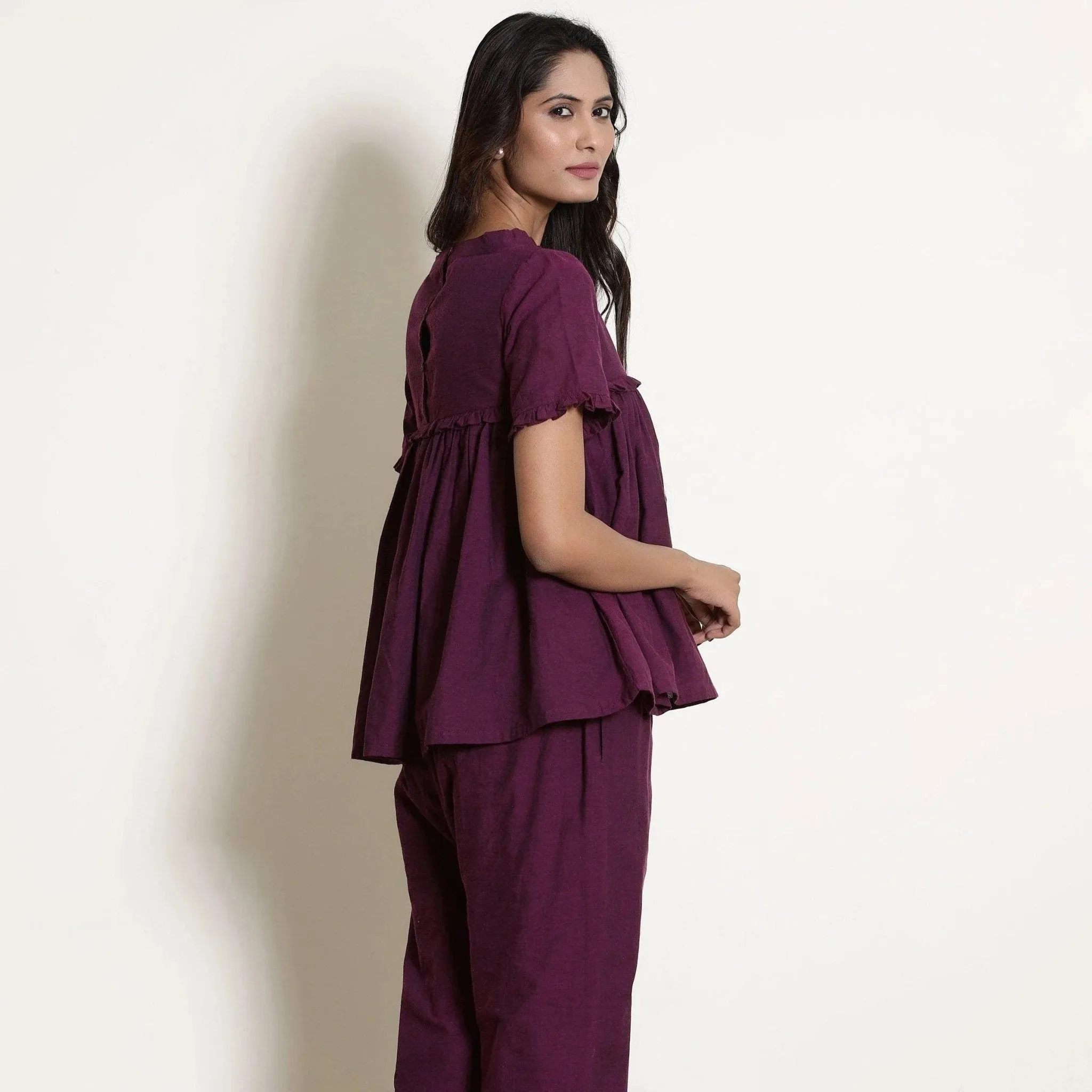 Berry Wine Warm Cotton Frilled Gathered Top