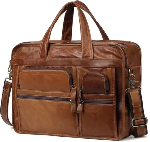 Business Travel Office Leather Briefcase Men 15.6 Inch Waterproof Vintage Vacation Laptop Bag Multiple Compartments