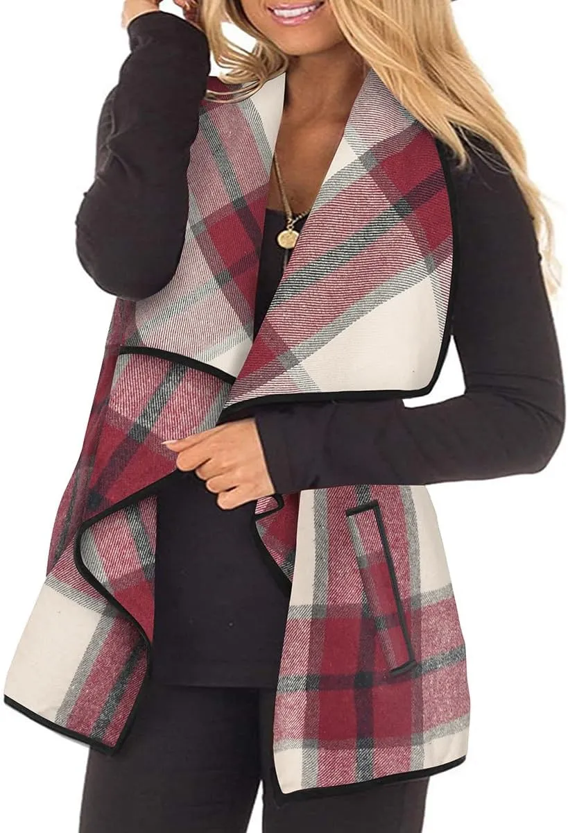 CARCOS Plus Size Women Vest Plaid Lapel Open Front Cardigan Buffalo Sleeveless Jacket Coat with Pockets XL-5XL