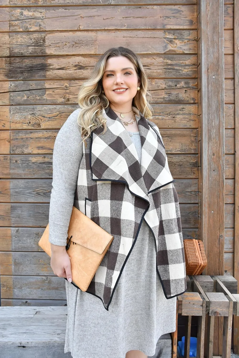 CARCOS Plus Size Women Vest Plaid Lapel Open Front Cardigan Buffalo Sleeveless Jacket Coat with Pockets XL-5XL