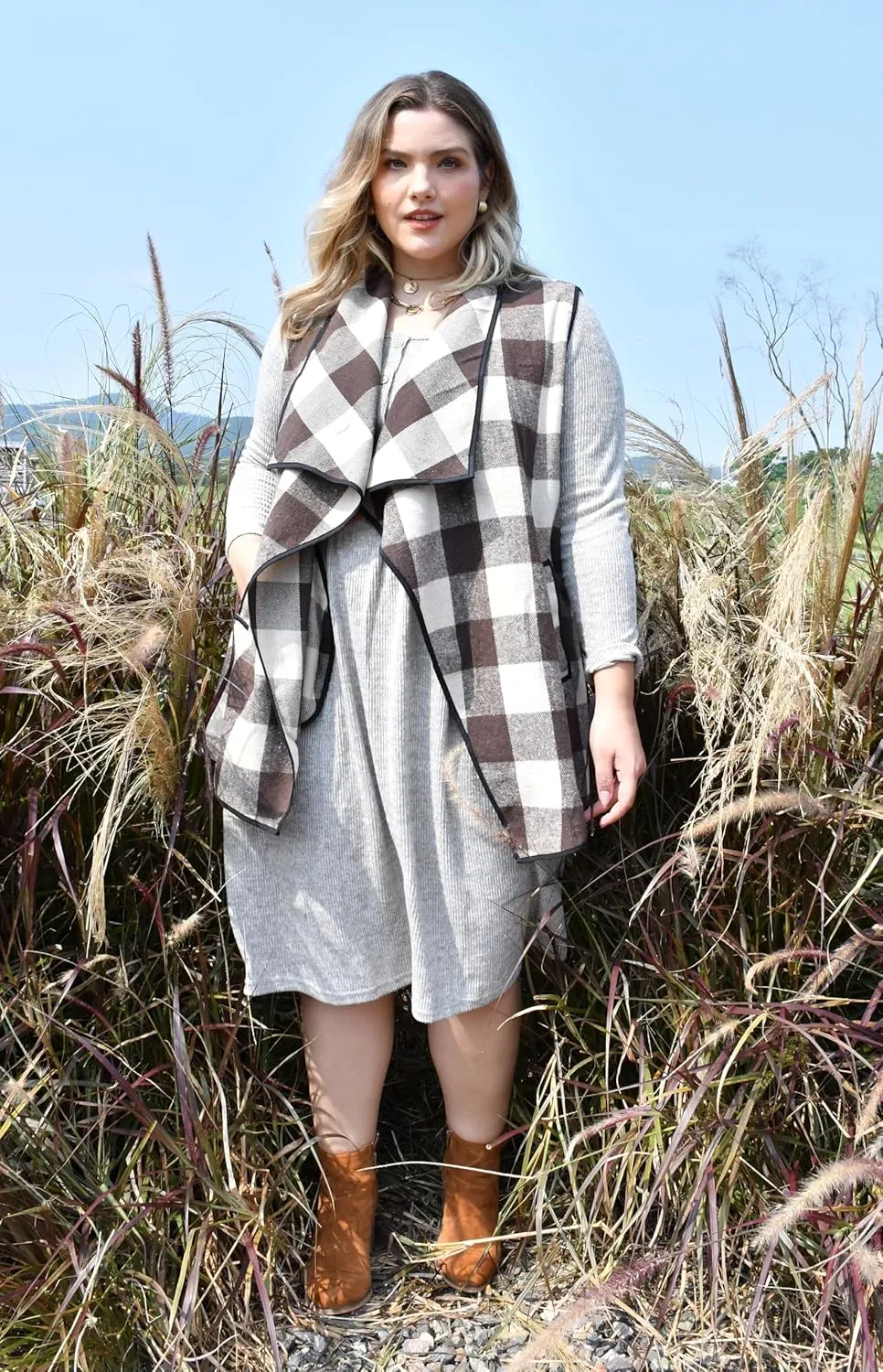 CARCOS Plus Size Women Vest Plaid Lapel Open Front Cardigan Buffalo Sleeveless Jacket Coat with Pockets XL-5XL
