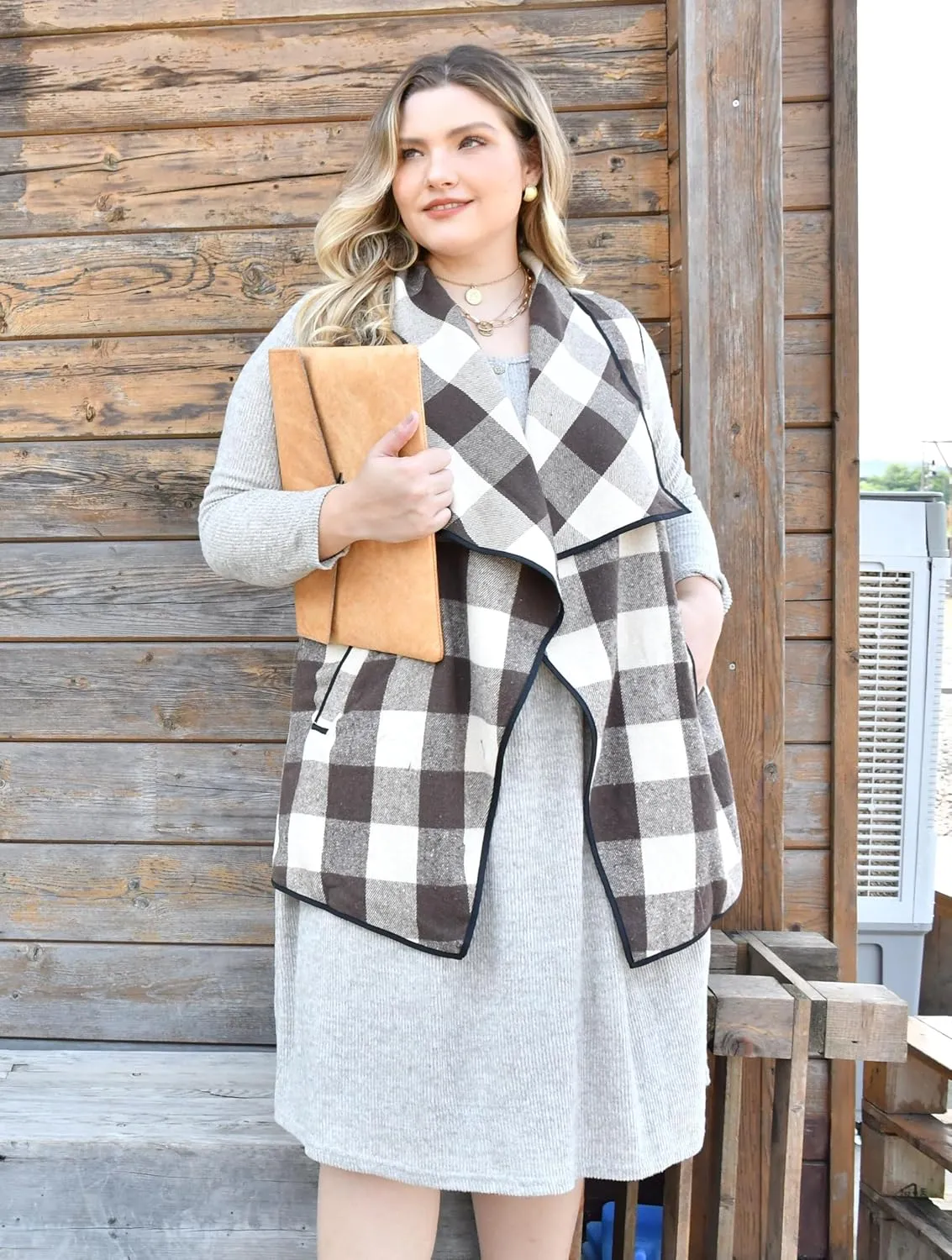 CARCOS Plus Size Women Vest Plaid Lapel Open Front Cardigan Buffalo Sleeveless Jacket Coat with Pockets XL-5XL