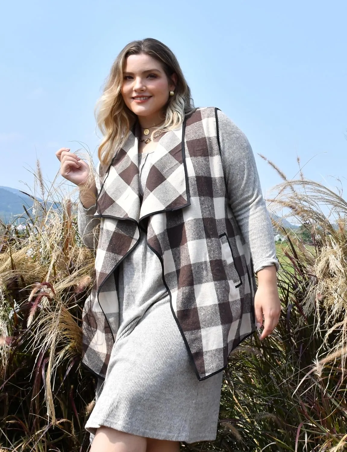 CARCOS Plus Size Women Vest Plaid Lapel Open Front Cardigan Buffalo Sleeveless Jacket Coat with Pockets XL-5XL