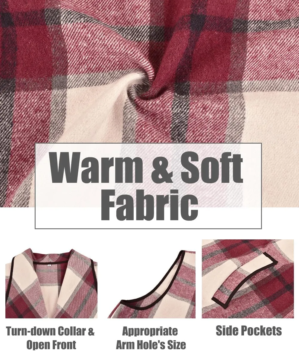 CARCOS Plus Size Women Vest Plaid Lapel Open Front Cardigan Buffalo Sleeveless Jacket Coat with Pockets XL-5XL