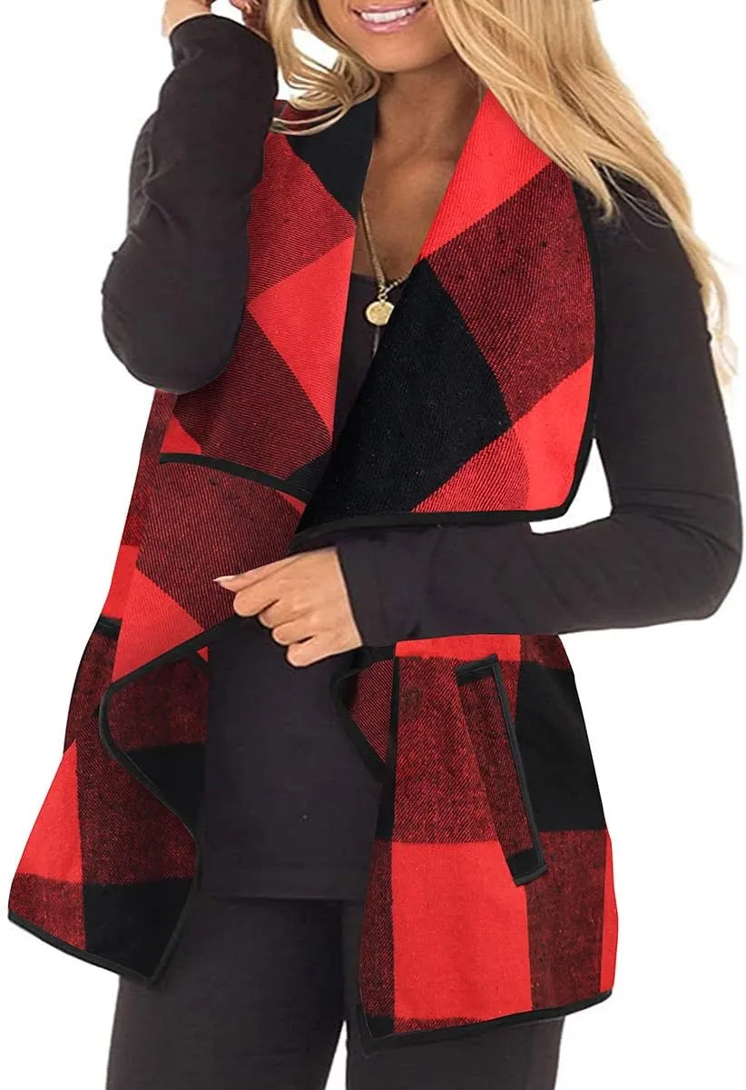 CARCOS Plus Size Women Vest Plaid Lapel Open Front Cardigan Buffalo Sleeveless Jacket Coat with Pockets XL-5XL