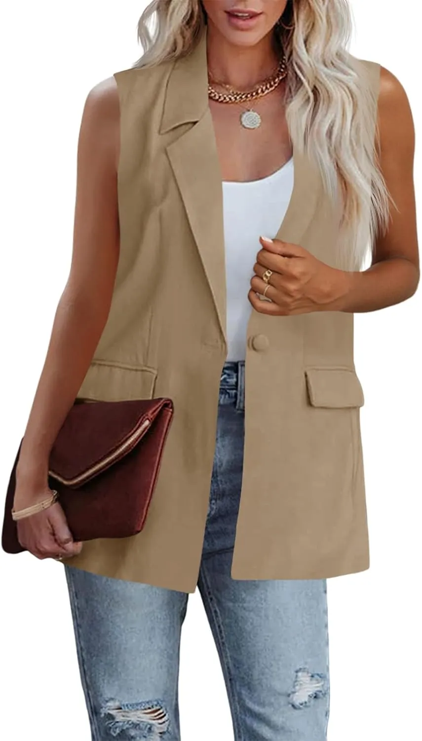 Cicy Bell Women's Sleeveless Blazer Vest Casual Open Front Single Button Summer Jacket with Pockets