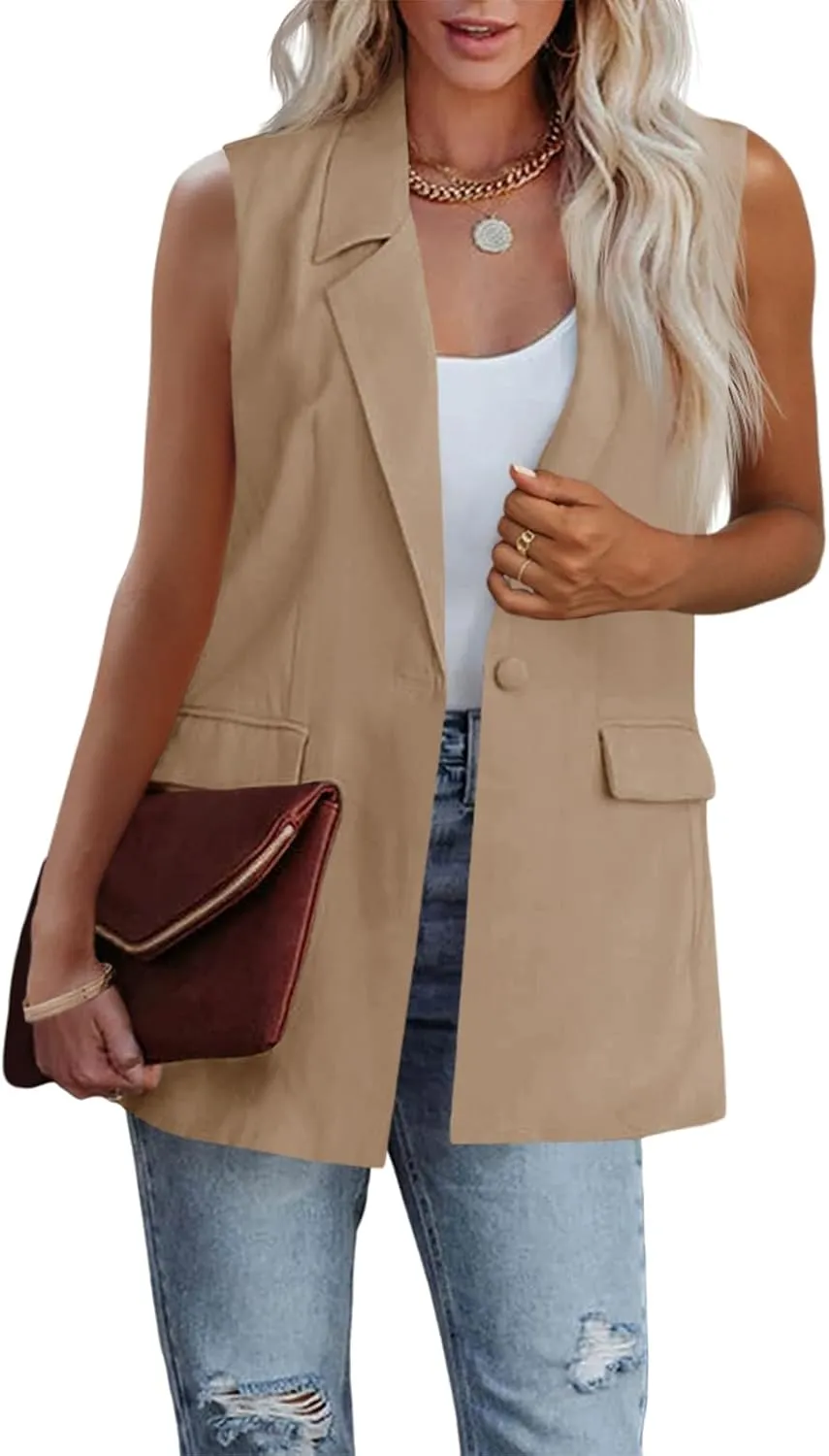 Cicy Bell Women's Sleeveless Blazer Vest Casual Open Front Single Button Summer Jacket with Pockets