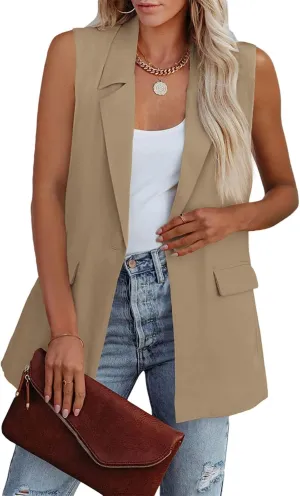 Cicy Bell Women's Sleeveless Blazer Vest Casual Open Front Single Button Summer Jacket with Pockets