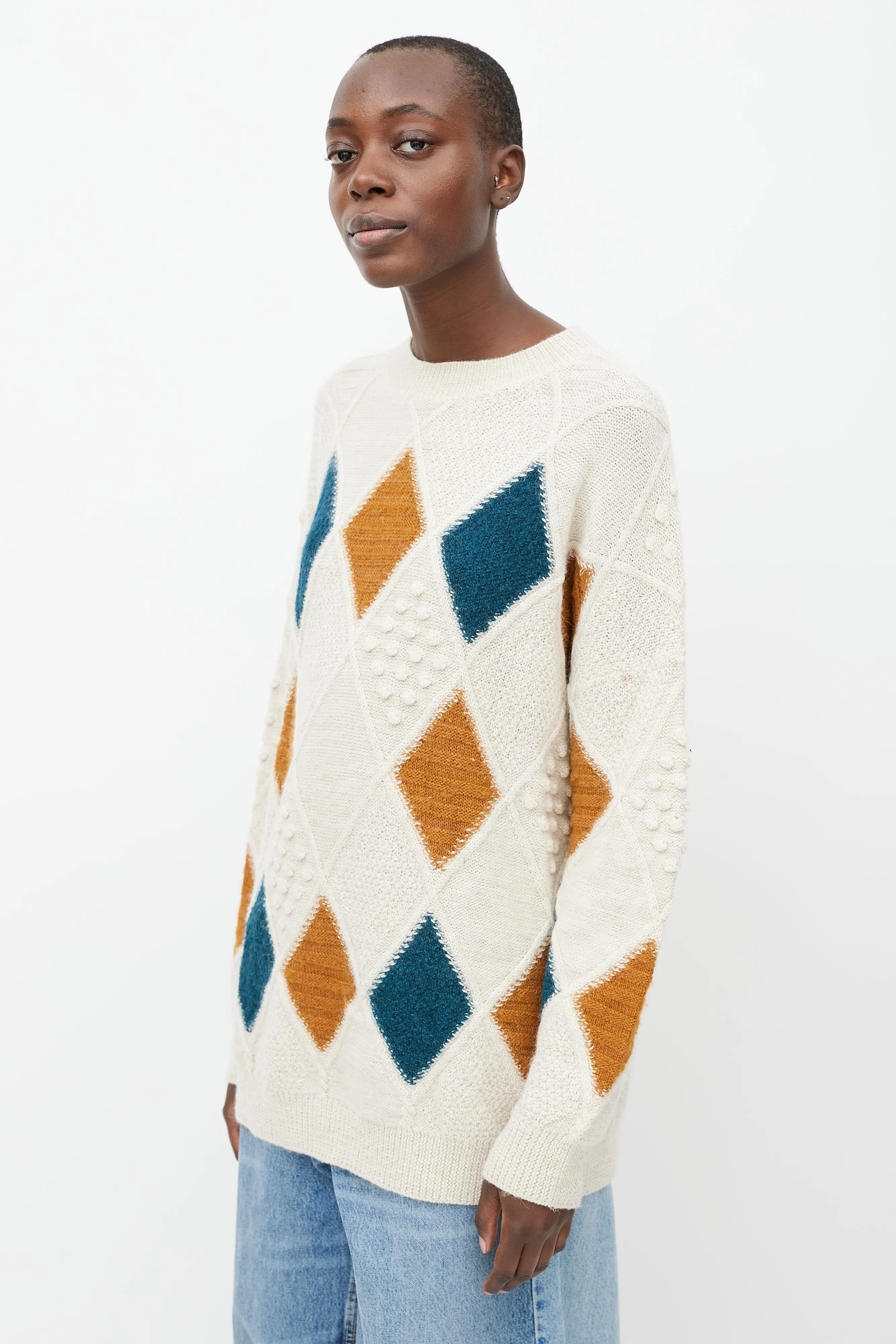 Cream & Multicolour Knit Diamond Patchwork Sweater