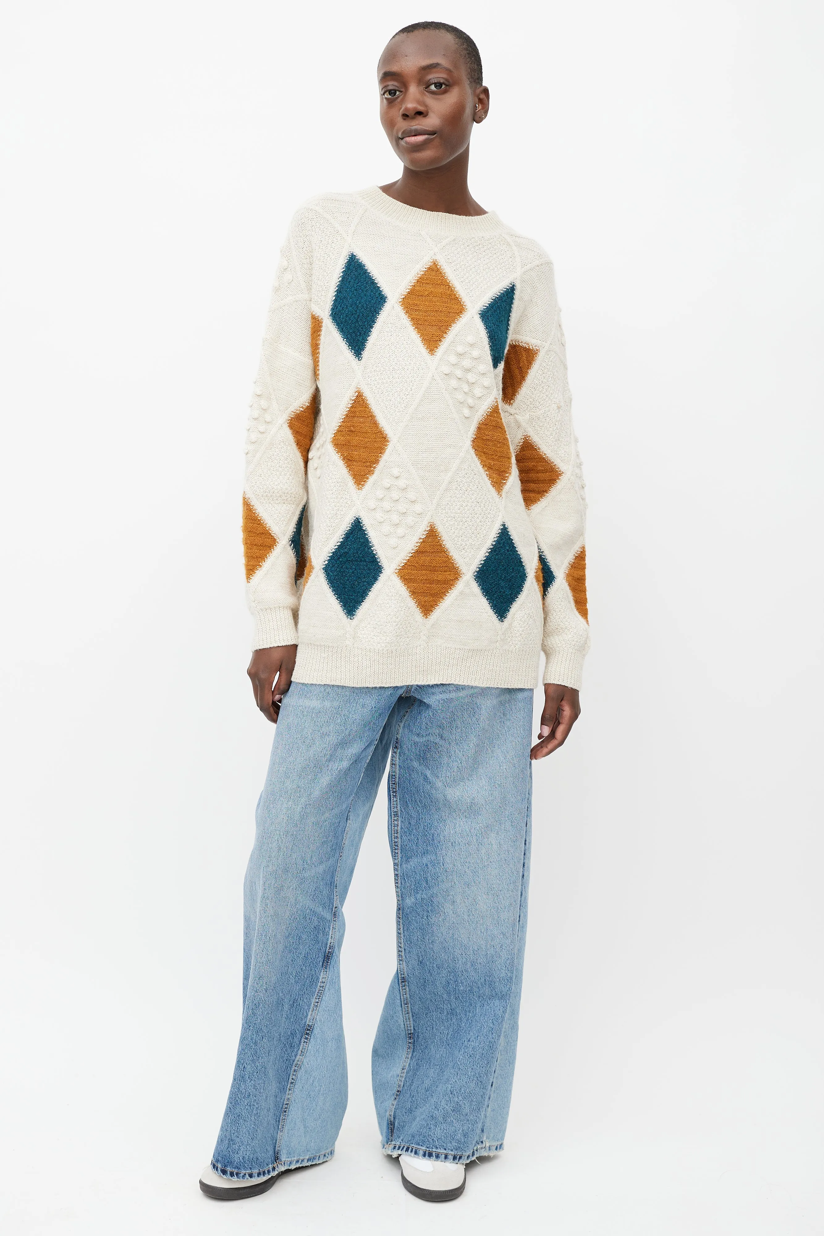 Cream & Multicolour Knit Diamond Patchwork Sweater