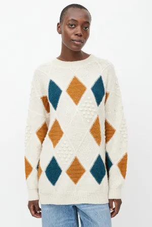 Cream & Multicolour Knit Diamond Patchwork Sweater