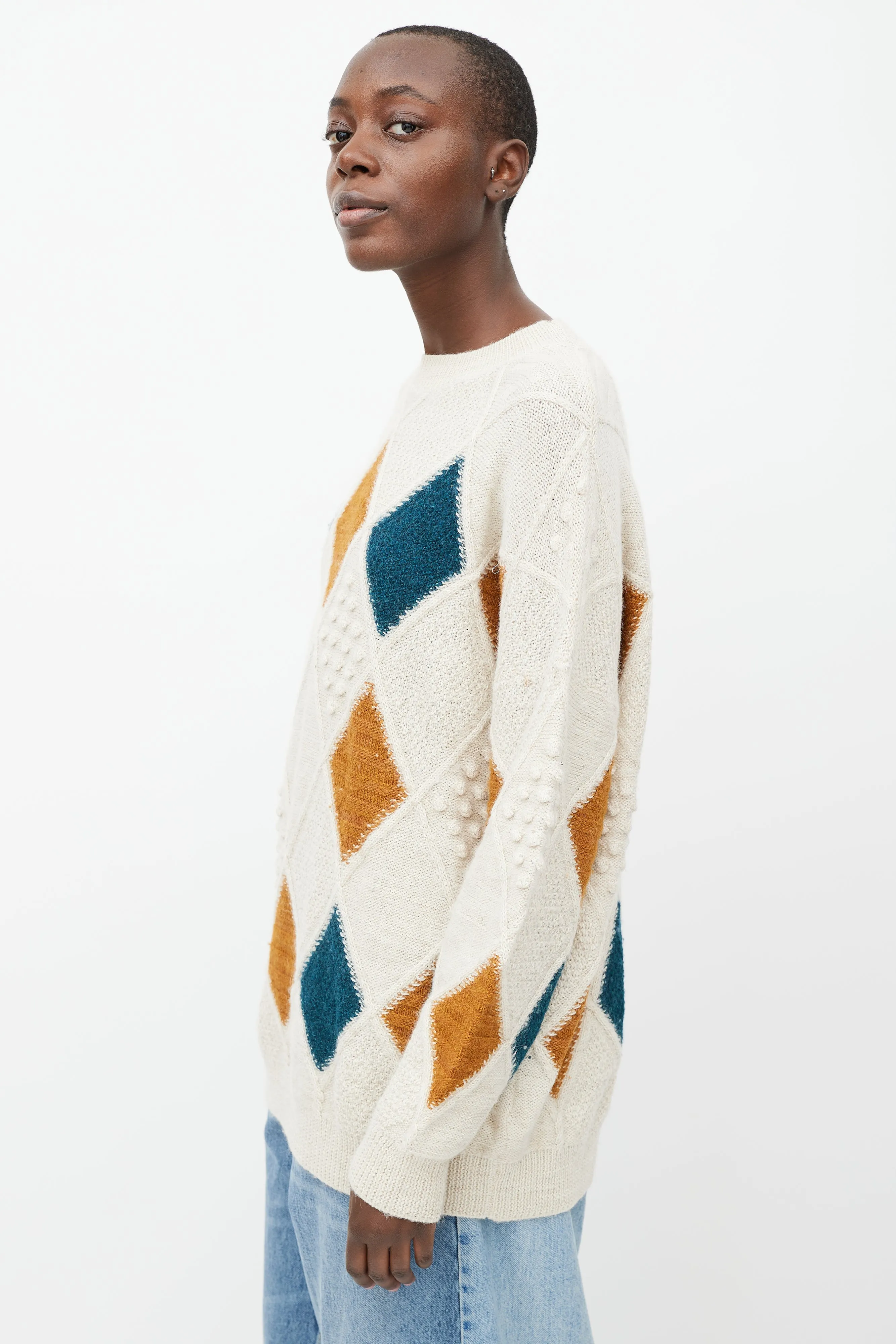 Cream & Multicolour Knit Diamond Patchwork Sweater