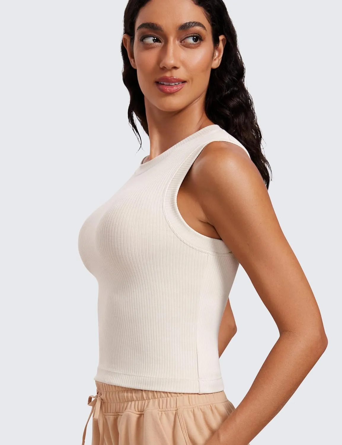 CRZ YOGA Womens Ribbed High Neck Tanks Sleeveless Fitted Basic Tops Going Out Casual Yoga Workout Shirts