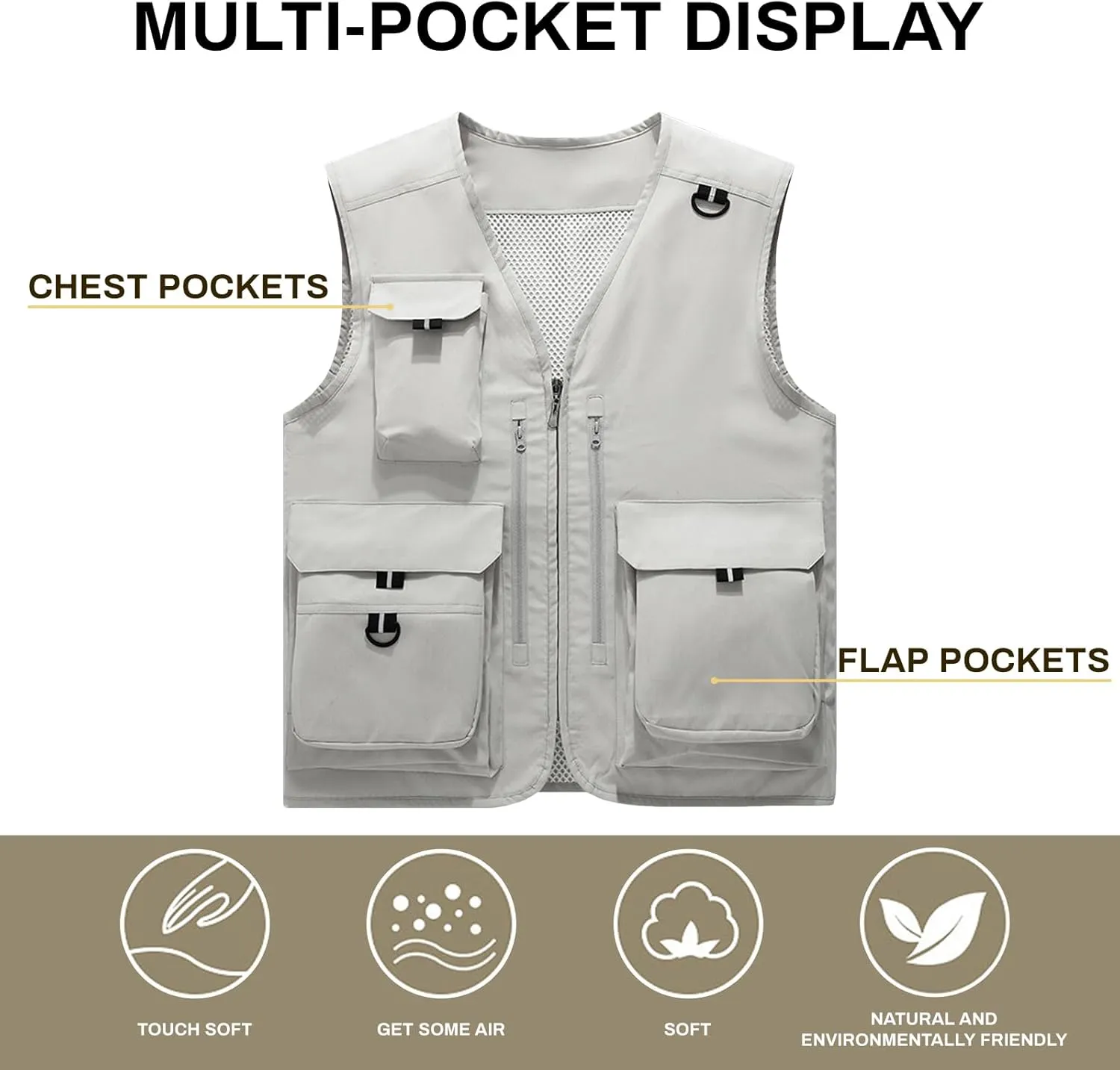 Custom Your Logo Mens Outdoor Work Vest for Fishing Lightweight Sleeveless with Multi Pocket Photography Teamwork