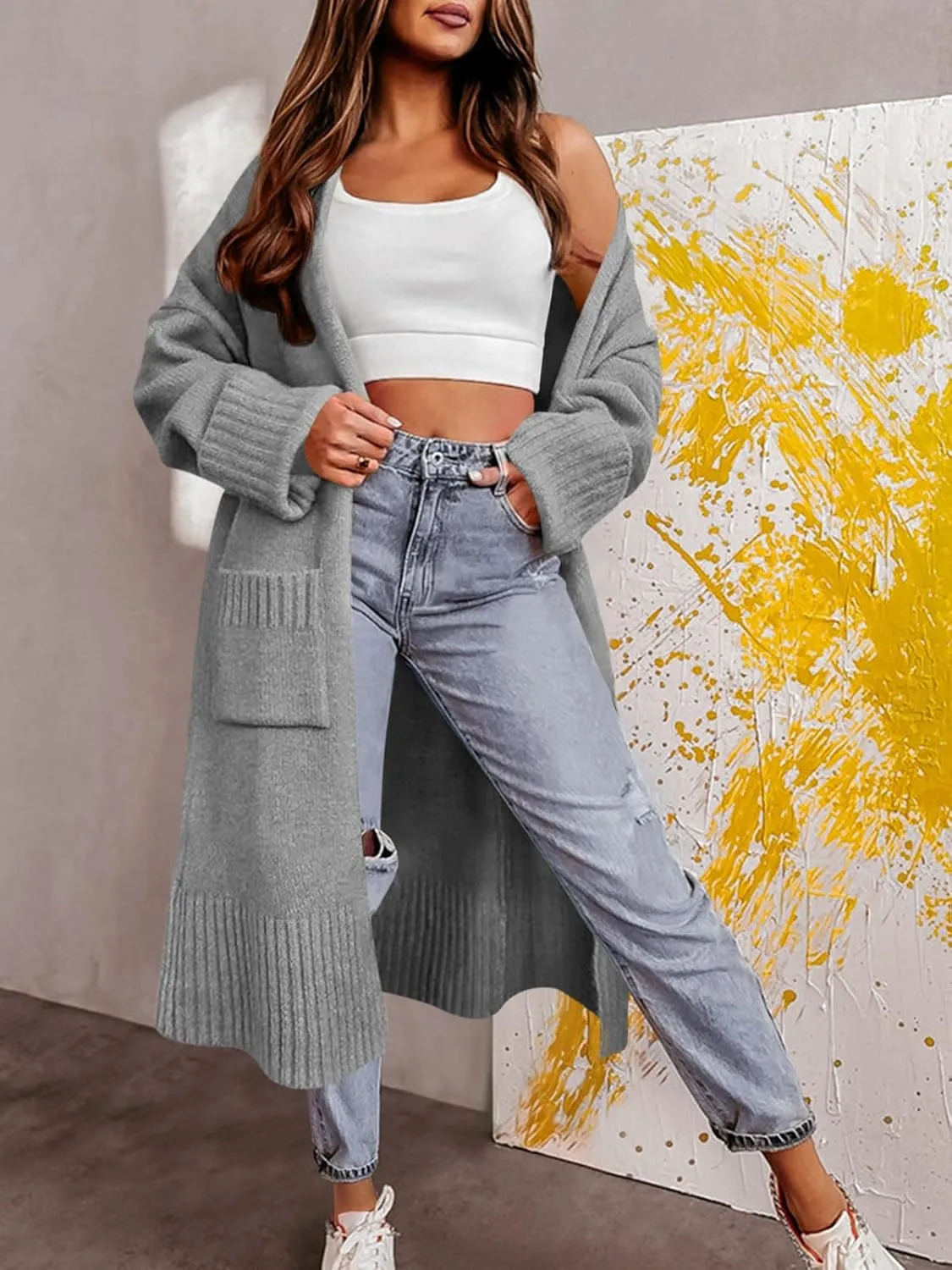 Danedvi Long Cardigan Sweaters for Women 2025 Fall Open Front Knit Oversized Cardigans Duster Coat with Pockets