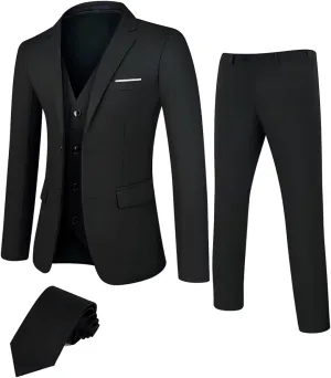 DEETRUST Men's 3 Piece Slim Fit Suit Set, 2 Button Blazer Jacket Vest Pants with Tie, Mens Suit for Party, Wedding & Business