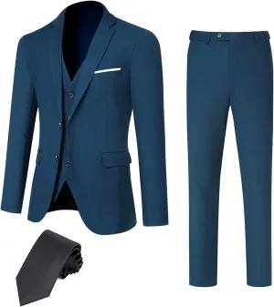 DEETRUST Men's 3 Piece Slim Fit Suit Set, 2 Button Blazer Jacket Vest Pants with Tie, Mens Suit for Party, Wedding & Business