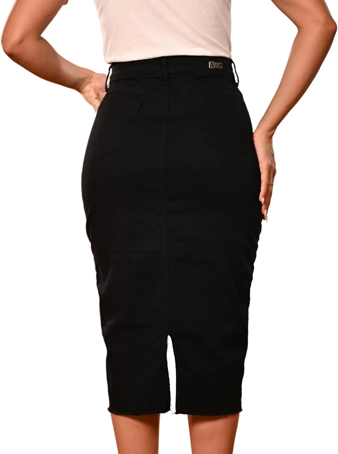 Denim Premium Stretch Skirt Midi High-Waist and Bellow The Knee with Front or Side Slit Regular and Plus Size