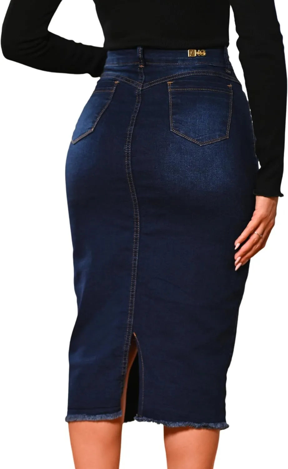 Denim Premium Stretch Skirt Midi High-Waist and Bellow The Knee with Front or Side Slit Regular and Plus Size