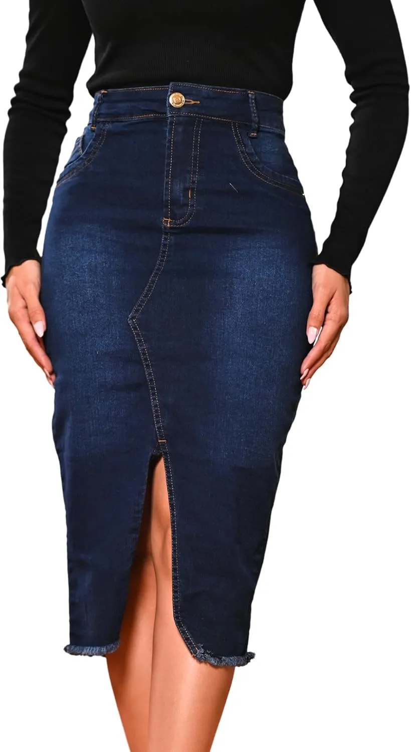 Denim Premium Stretch Skirt Midi High-Waist and Bellow The Knee with Front or Side Slit Regular and Plus Size