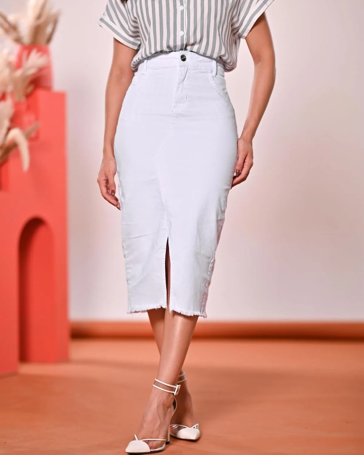 Denim Premium Stretch Skirt Midi High-Waist and Bellow The Knee with Front or Side Slit Regular and Plus Size
