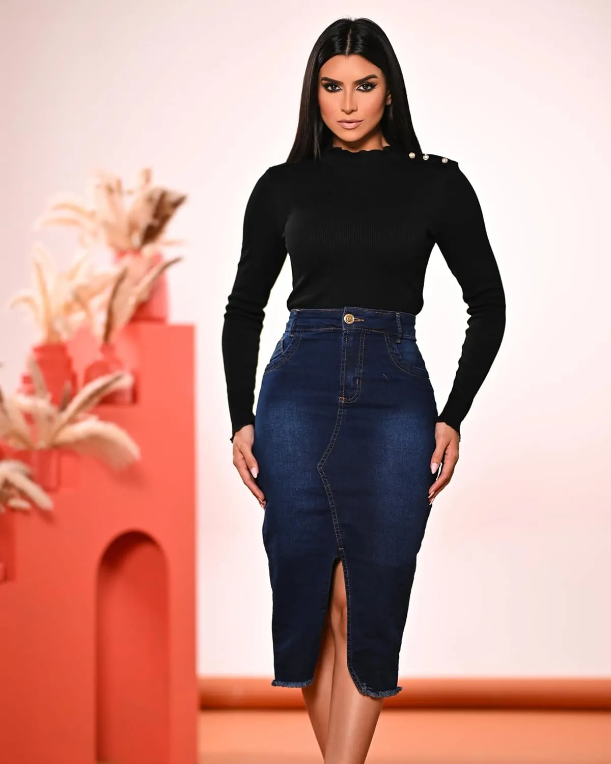 Denim Premium Stretch Skirt Midi High-Waist and Bellow The Knee with Front or Side Slit Regular and Plus Size