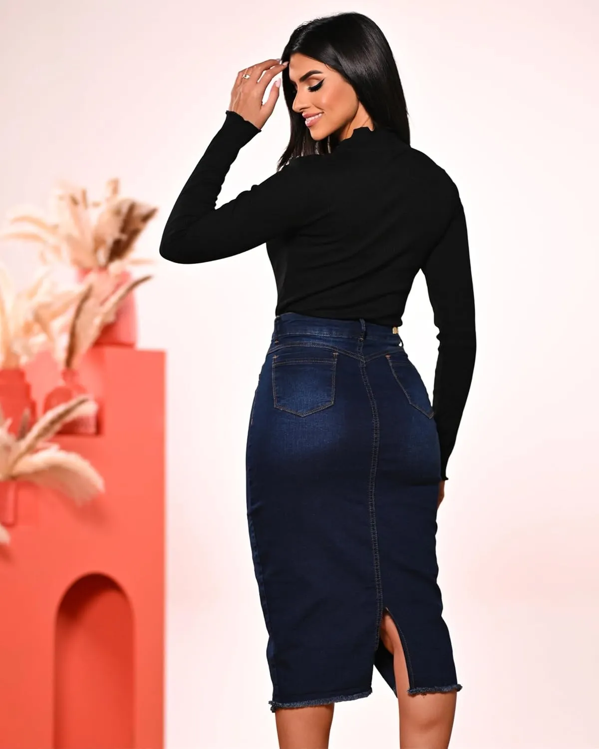 Denim Premium Stretch Skirt Midi High-Waist and Bellow The Knee with Front or Side Slit Regular and Plus Size